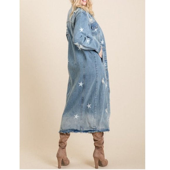 SOLD OUT Plus Star Distressed Long Denim Jean Jacket Coat - Picture 9 of 9